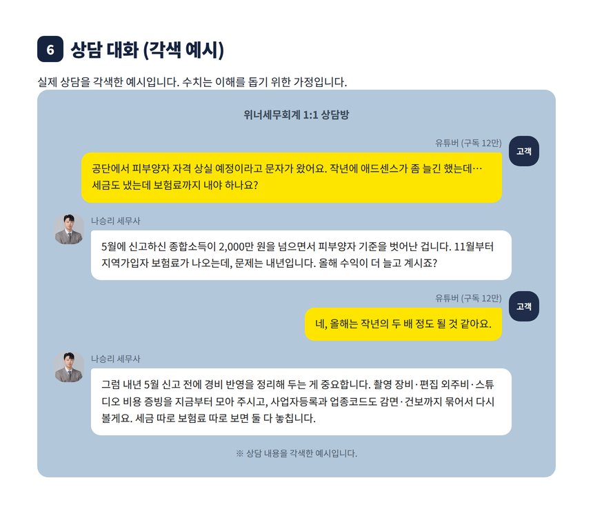 유튜버 피부양자 탈락 상담 대화 각색 예시