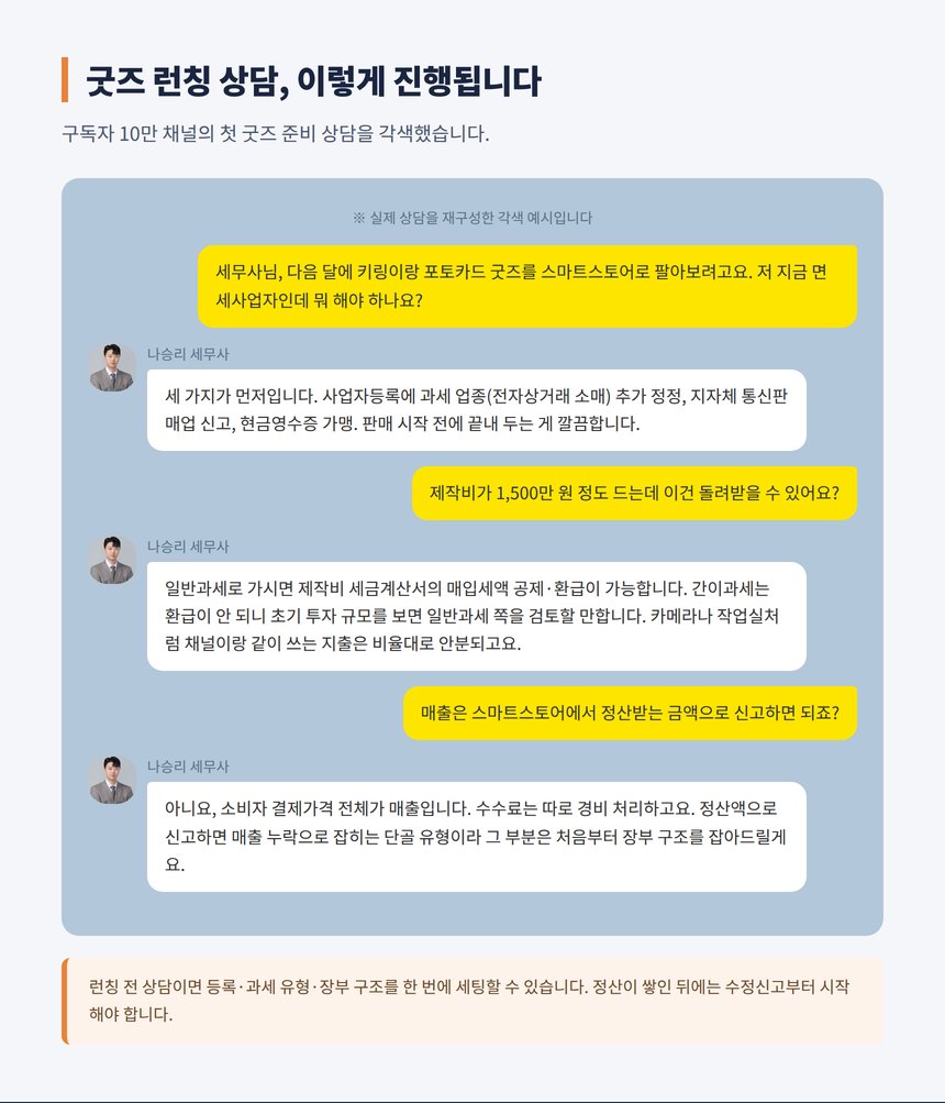 유튜버 굿즈 런칭 세무 상담 카카오톡 각색 예시