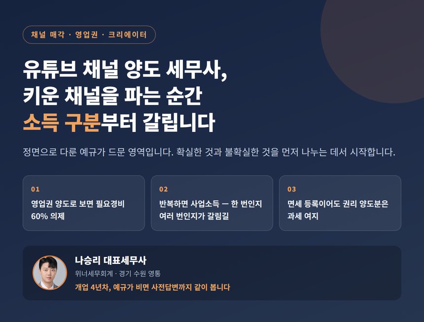 유튜브 채널 양도 세무사, 키운 채널을 파는 순간 소득 구분부터 갈립니다