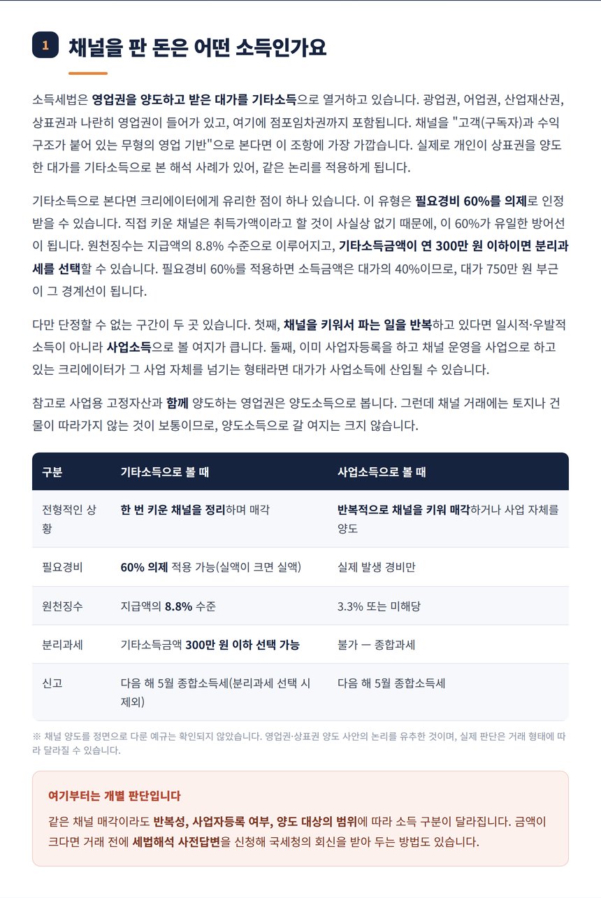 채널 매각 대가의 기타소득과 사업소득 구분 비교표