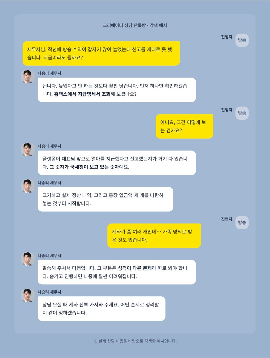 크리에이터 세무상담 카카오톡 대화 각색 예시