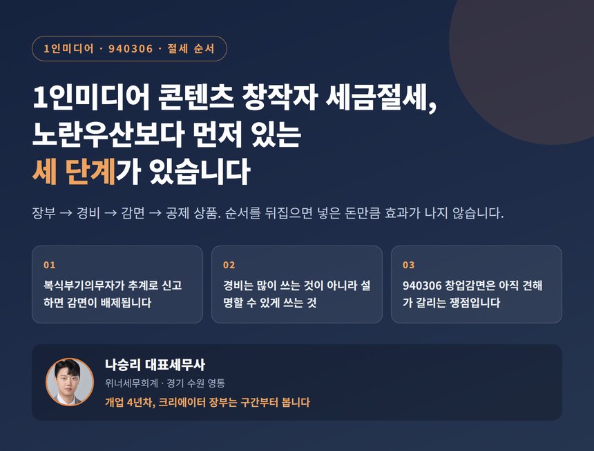 1인미디어 콘텐츠 창작자 세금절세, 세무사가 정리한 순서 — 장부·경비·감면이 먼저입니다