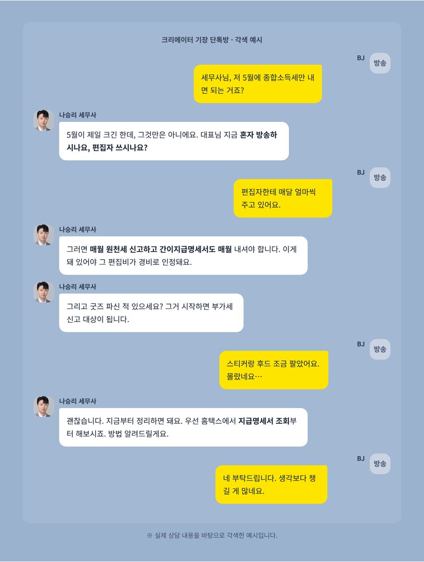 크리에이터 기장 상담 카카오톡 대화 각색 예시