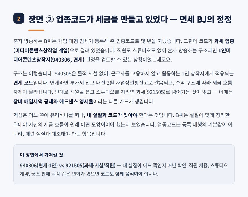 업종코드 940306 면세와 921505 과세 정정 사례