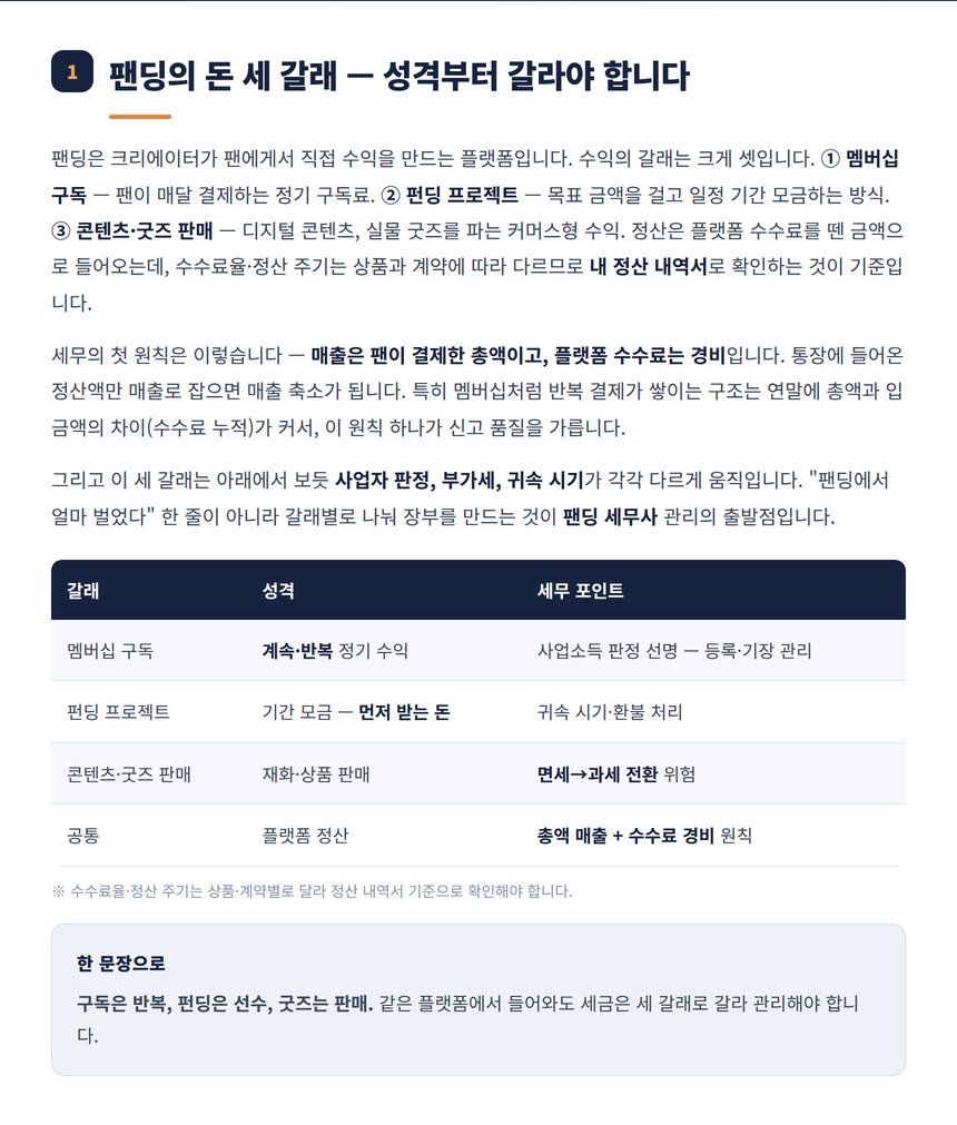 팬딩 수익 구독 펀딩 굿즈 세 갈래 성격 정리표
