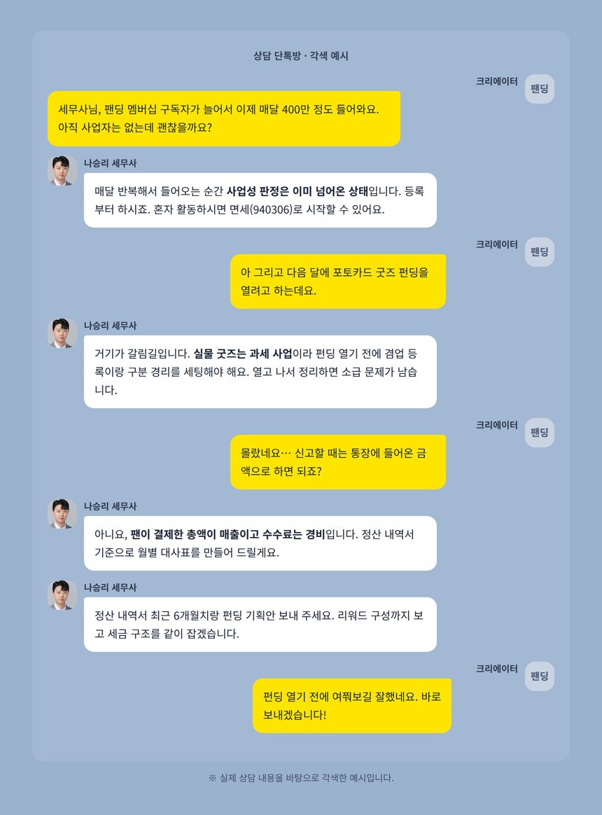 팬딩 크리에이터 상담 단톡방 대화 각색 예시