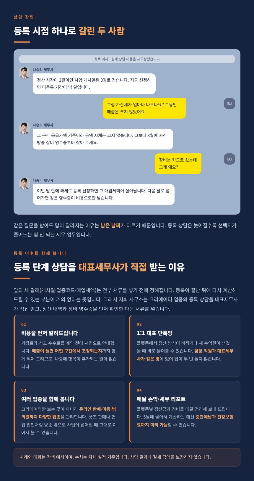 등록 시점 상담 대화 각색 예시와 기장 서비스 안내