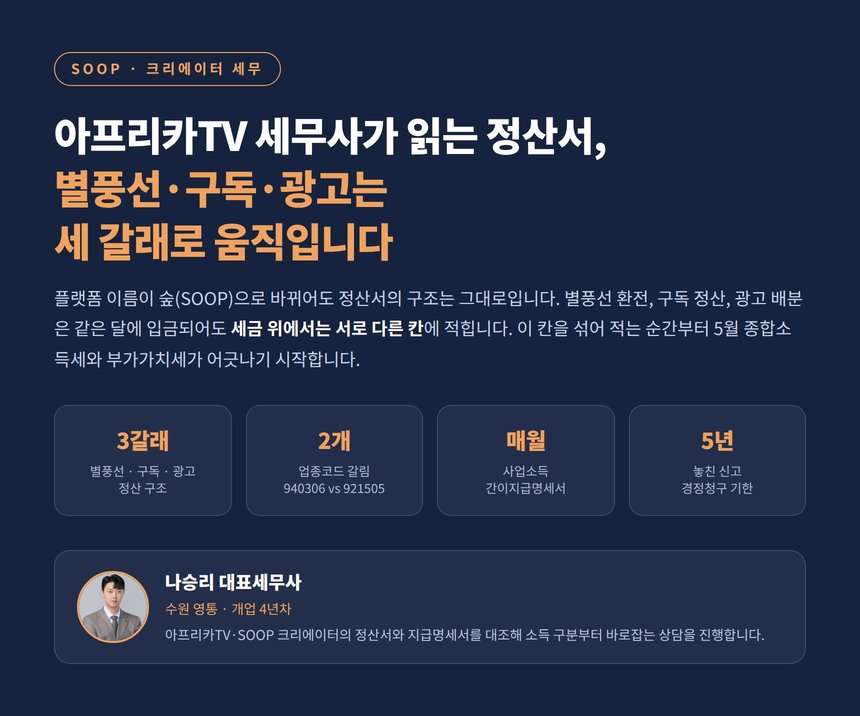 아프리카TV 세무사, 별풍선과 구독과 광고는 정산서에서 세 갈래로 갈립니다