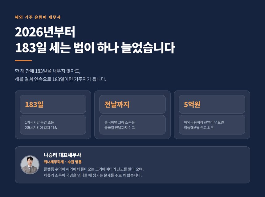 해외 거주 유튜버 세무사 2026년 183일 거주자 판정 기준 변경
