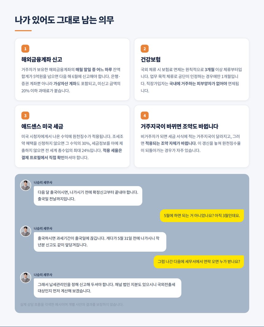 해외금융계좌 신고 건강보험 국외체류 면제 애드센스 원천징수 상담 대화