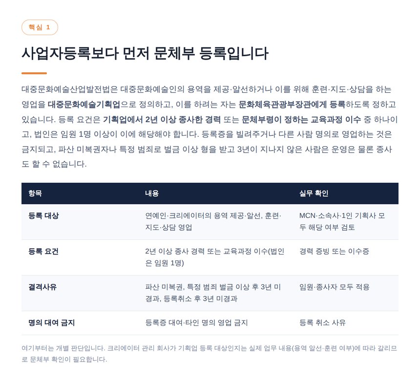 대중문화예술기획업 등록 요건과 결격사유 표